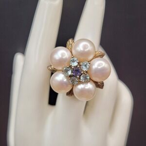 1950s Large Gold Over Sterling 925 Pearl Cluster Ring With Topaz Accents Size 8